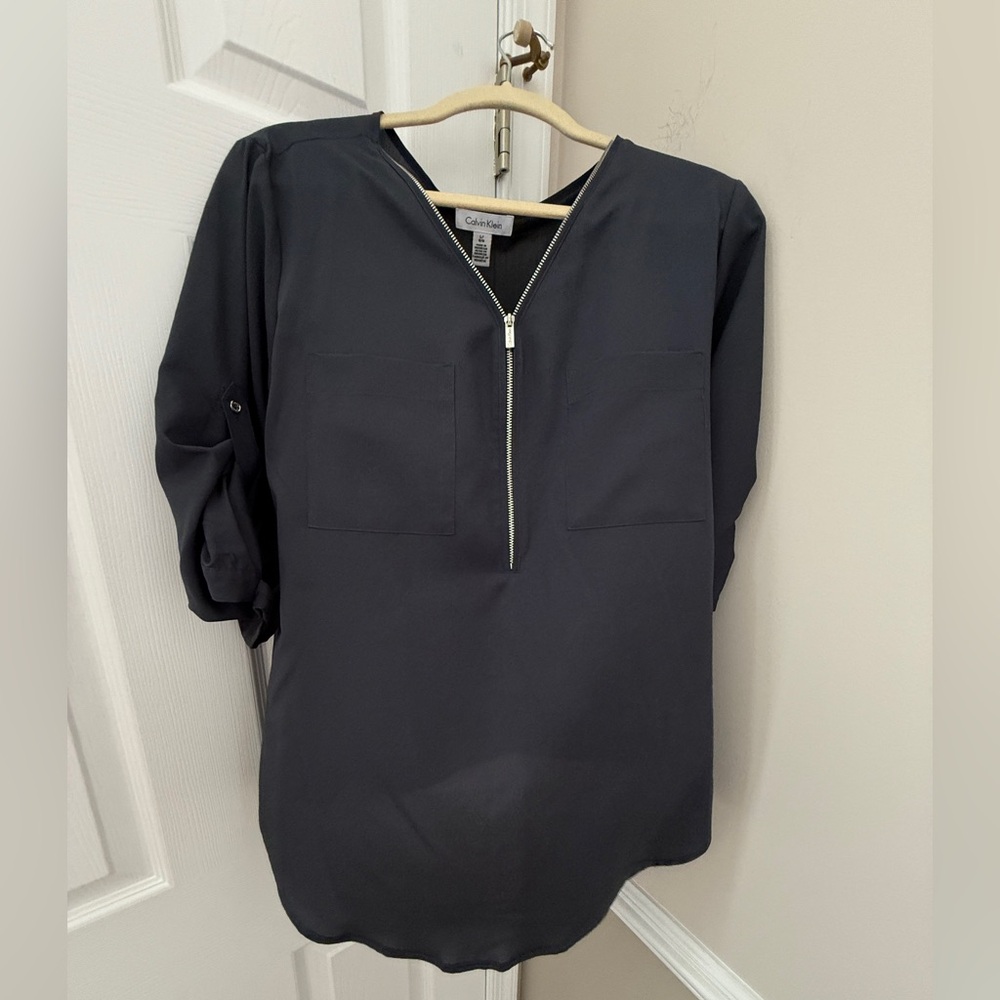 Calvin Klein Black 3/4 Sleeve Blouse with Zip Detail
